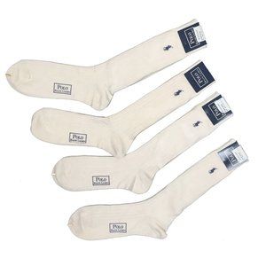 New Lot of 4 Pair Polo Ralph Lauren Socks Ivory With Blue Polo Player Cotton